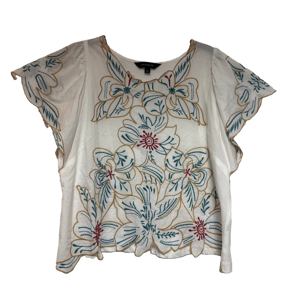 Calligraphie Embroidered Boho Peasant Blouse L White Flutter Sleeve Scallop Hem
